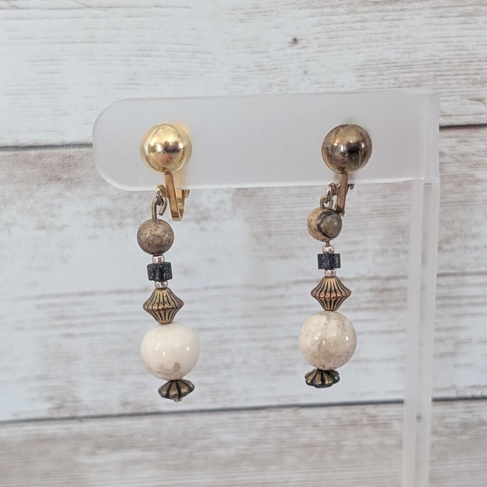 Vintage Clip On Earrings Cream & Bronze Tone - Condition Issues